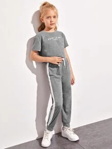 SHEIN Girls Letter Graphic Top & Contrast Sideseam Joggers Set - Grey - View 4
