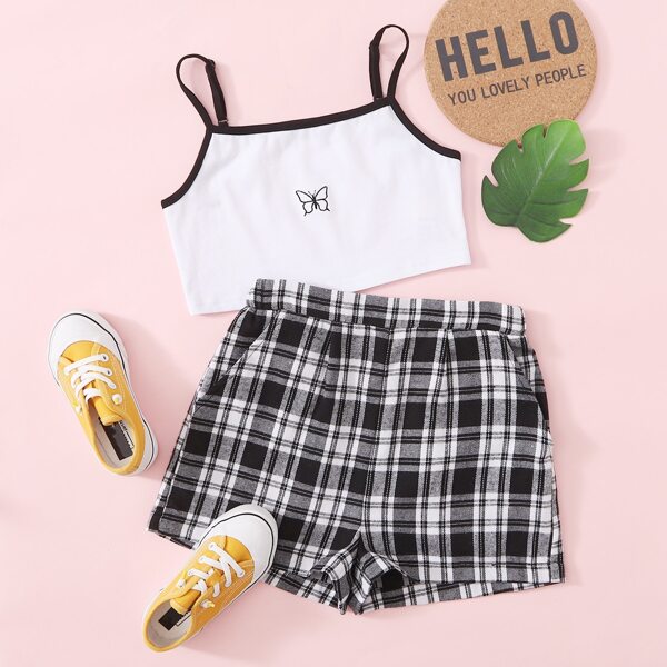 

Girls Butterfly Embroidery Cami Top & Plaid Shorts Set, Black and white