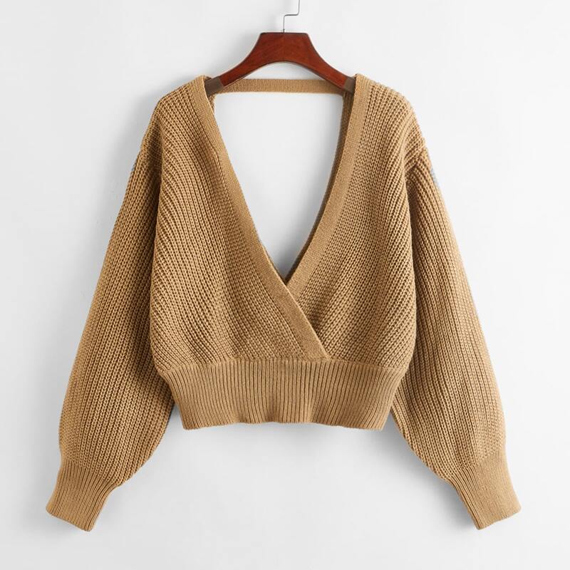 

Surplice Neck Backless Solid Sweater, Camel