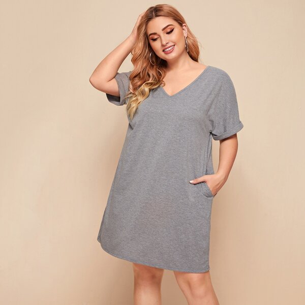 

Plus V-neck Cuffed Sleeve Slant Pocket Dress, Grey