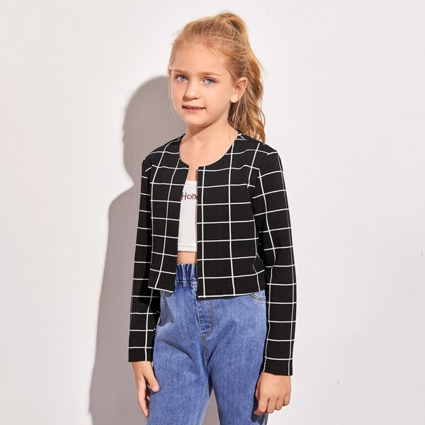 

Girls Open Front Grid Print Jacket, Black