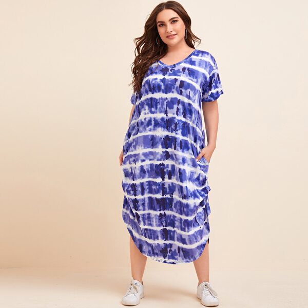 

Plus Tie Dye Ruched Side Tee Dress, Blue and white