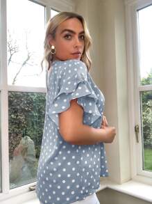 SHEIN LUNE Áo sơ mi Plus Size Cắt ra Chấm bi Màu xanh bụi bặm Boho - Màu xanh bụi bặm - Xem 4