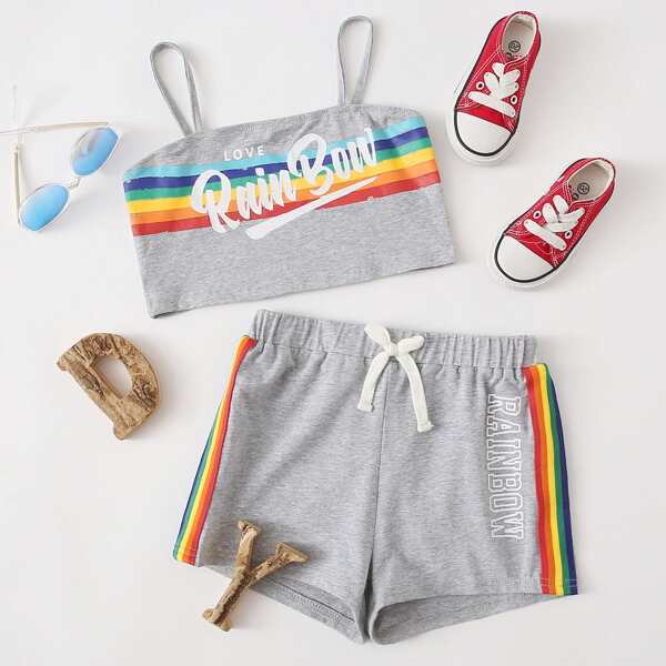 

Girls Rainbow Striped & Slogan Graphic Top And Track Shorts Set, Light grey