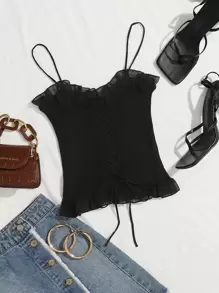 SHEIN Unity 繫帶結飾網紗褶邊羅紋針織上衣 - 黑色 - 查看 1