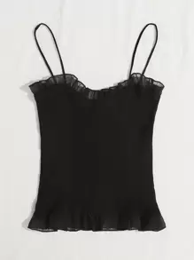 SHEIN Unity 繫帶結飾網紗褶邊羅紋針織上衣 - 黑色 - 查看 2