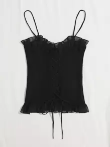 SHEIN Unity 繫帶結飾網紗褶邊羅紋針織上衣 - 黑色 - 查看 3