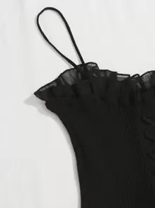 SHEIN Unity 繫帶結飾網紗褶邊羅紋針織上衣 - 黑色 - 查看 4