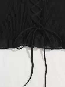 SHEIN Unity 繫帶結飾網紗褶邊羅紋針織上衣 - 黑色 - 查看 5