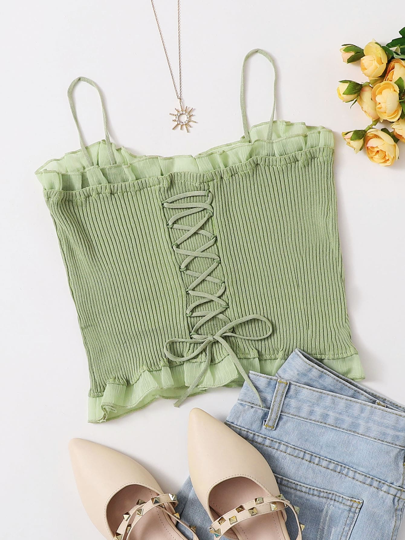 Lace Up Knot Mesh Frill Trim Rib-knit Top thumbnail