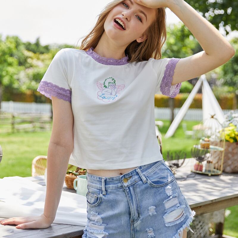 

Lace Trim Angle Embroidery Crop Top, White