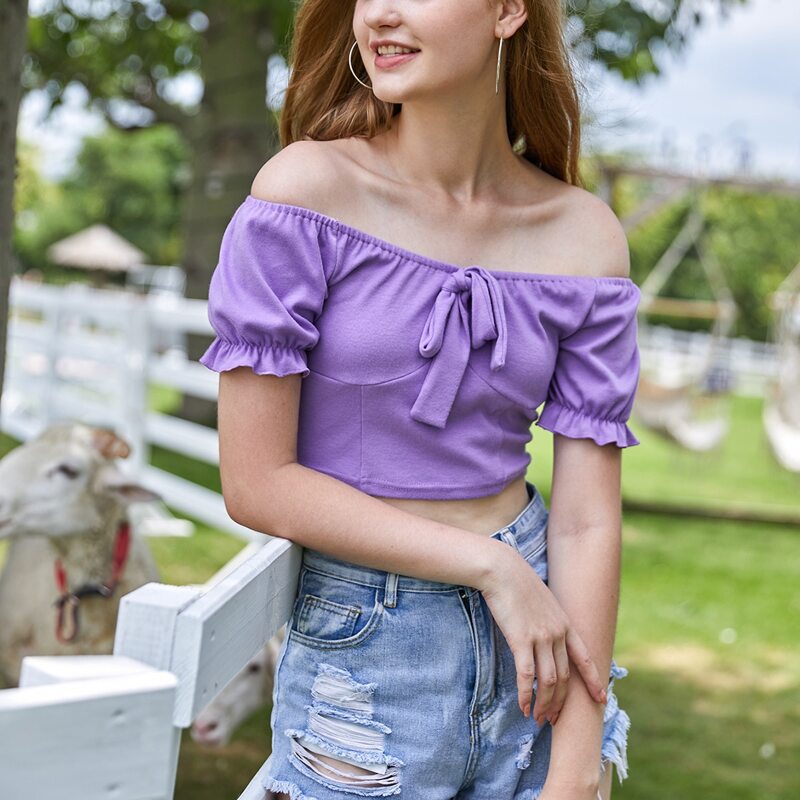 

Off Shoulder Knot Crop Blouse, Violet purple