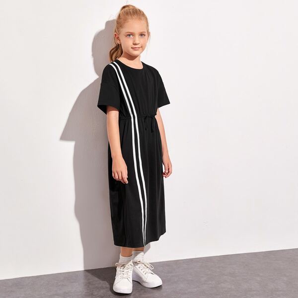 

Girls Bow Waist Striped Tape Dress, Black