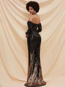 Missord Off Shoulder Colourblock Sequin Mermaid Hem Prom Dress - Black - View 2