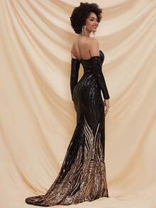 Missord Off Shoulder Colourblock Sequin Mermaid Hem Prom Dress - Black - View 3