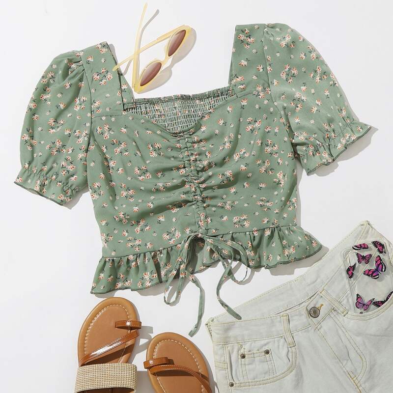 

Ditsy Floral Ruched Blouse, Green