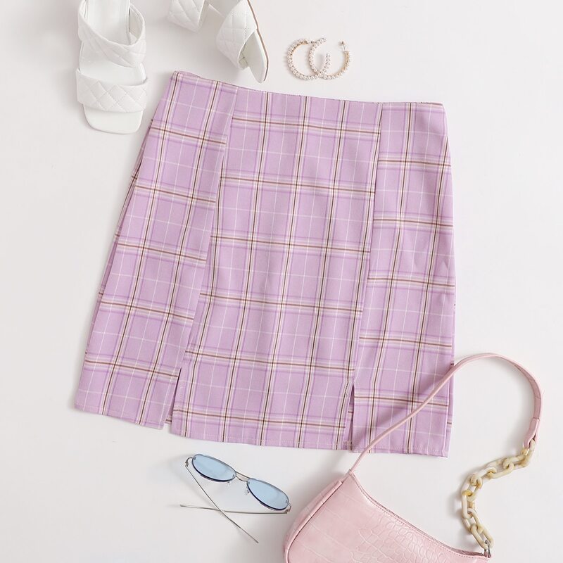 

Plaid Split Hem Skirt, Lilac purple