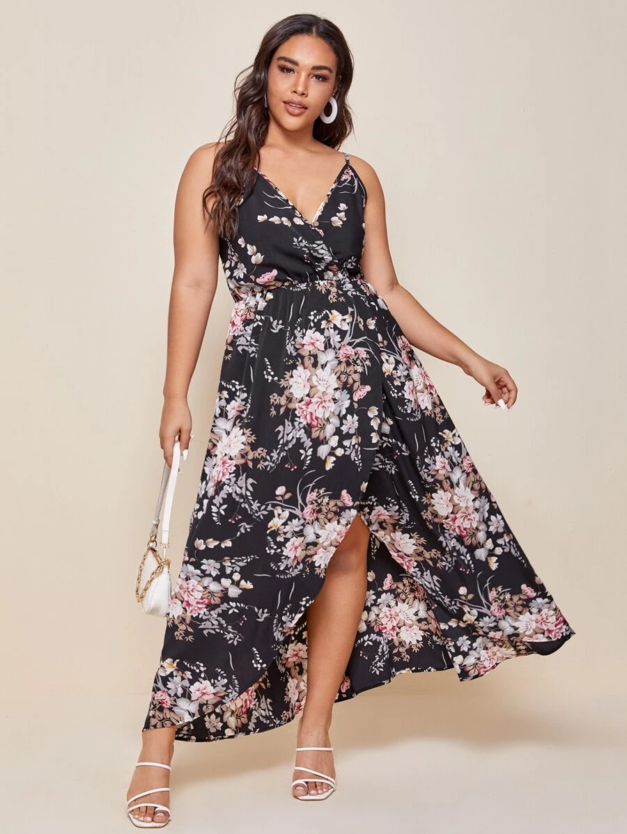 SHEIN VCAY Plus Floral Print Wrap Cami Dress - Black - View 1