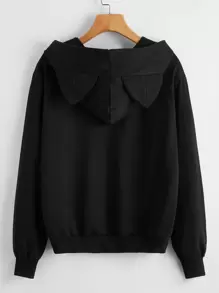 Chinese Characters &  Cartoon Graphic 3D Cat Ears Design Drawstring Hoodie - Black - View 2