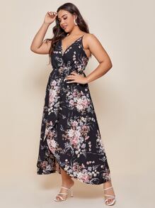 SHEIN VCAY Plus Floral Print Wrap Cami Dress - Black - View 4