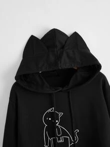 Chinese Characters &  Cartoon Graphic 3D Cat Ears Design Drawstring Hoodie - Black - View 4
