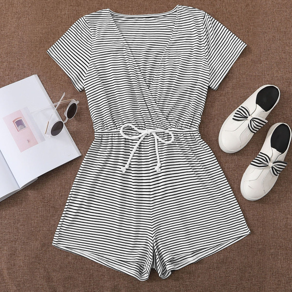 

Plus Striped Surplice Neck Knot Romper, Black and white