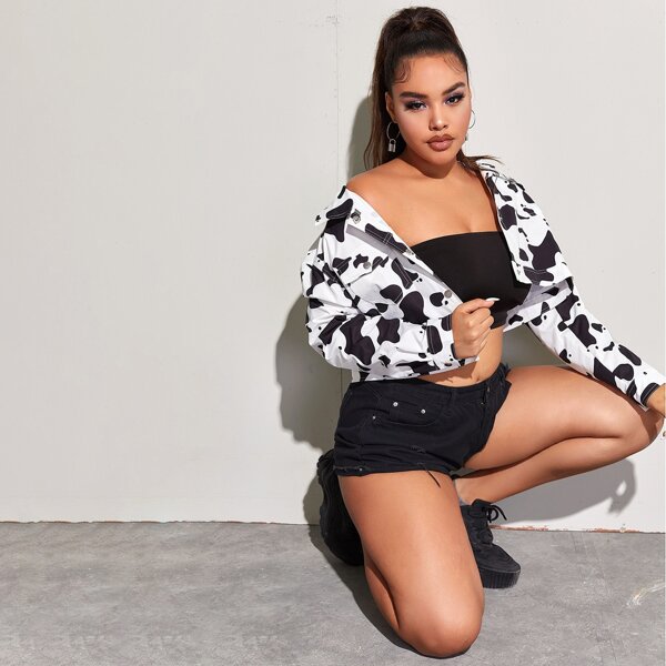 

Plus Cow Print Crop Jacket, Black and white