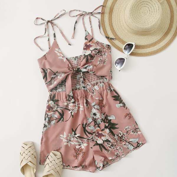 

Plus Floral Knot Shirred Back Cami Romper, Dusty pink