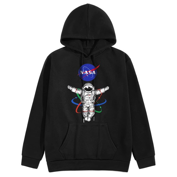 

Men Astronaut And Letter Graphic Drawstring Hoodie, Black