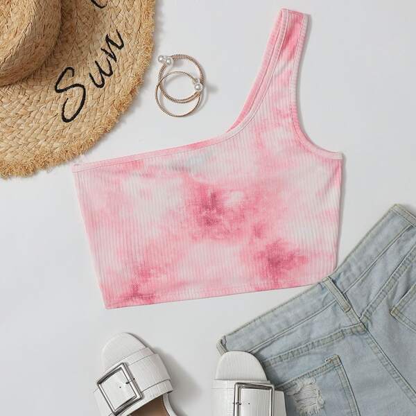 

One Shoulder Rib-knit Tie Dye Crop Top, Pink