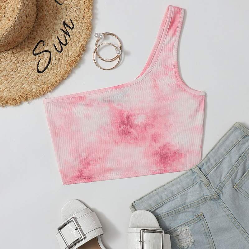 

One Shoulder Rib-knit Tie Dye Crop Top, Pink
