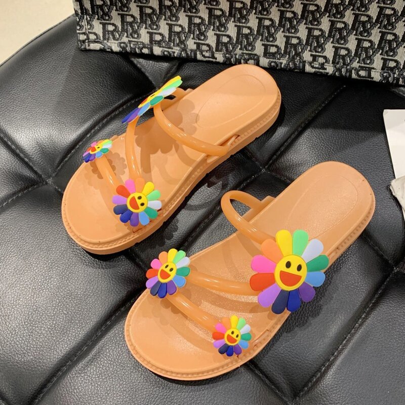 

Floral Applique Jelly Slide Sandals, Coral orange
