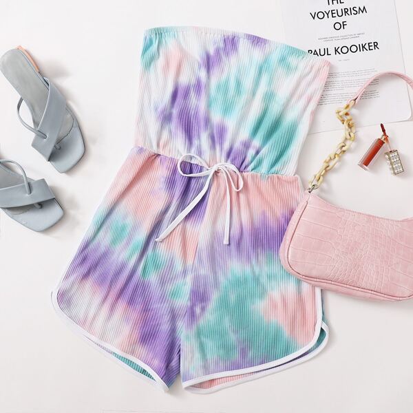 

Tie Dye Print Rib-knit Tube Romper, Multicolor