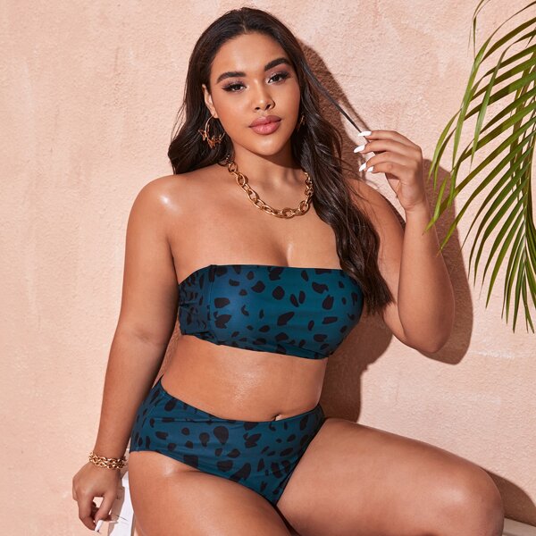 

Plus Dalmatian Bandeau Bikini Swimsuit, Teal blue