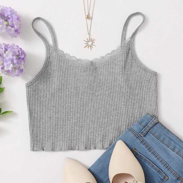 

Contrast Lace Rib-knit Cami Top, Light grey