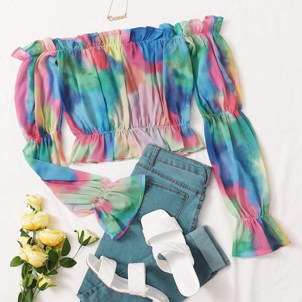 

Tie Dye Off Shoulder Ruffle Trim Crop Blouse, Multicolor