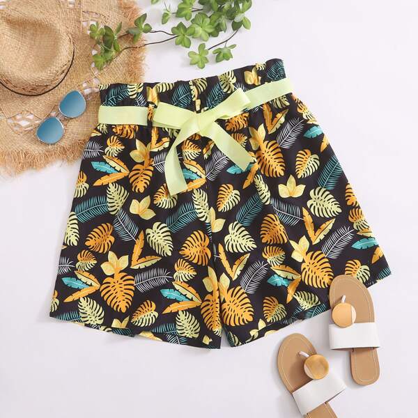 

Plus Paperbag Waist Belted Tropical Shorts, Multicolor