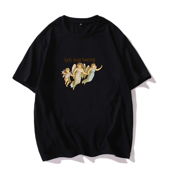 

Men Angel & Letter Print Tee, Black