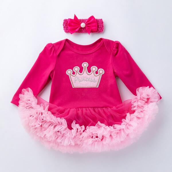 

Baby Girl Letter Graphic Tutu Hem Bodysuit & Headband, Hot pink