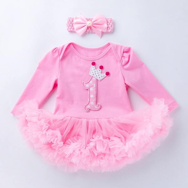 

Baby Girl Letter Graphic Tutu Hem Bodysuit & Headband, Pink