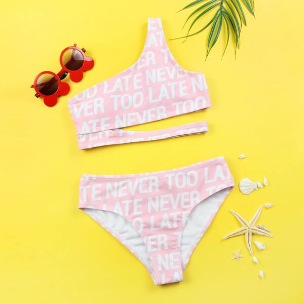 

Girls Letter Graphic Cut-out One Shoulder Bikini Swimsuit, Pastel baby pink