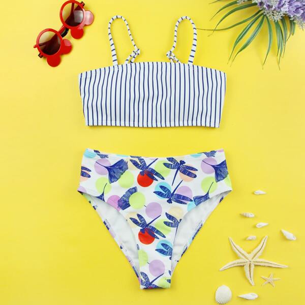 

Girls Striped & Dragonfly Print Bikini Swimsuit, Multicolor