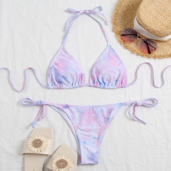 

Tie Dye Triangle Tie Side Bikini Swimsuit, Multicolor