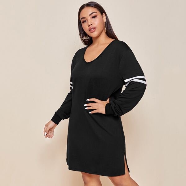 

Plus Striped Split Hem Sweatshirt Dress, Black