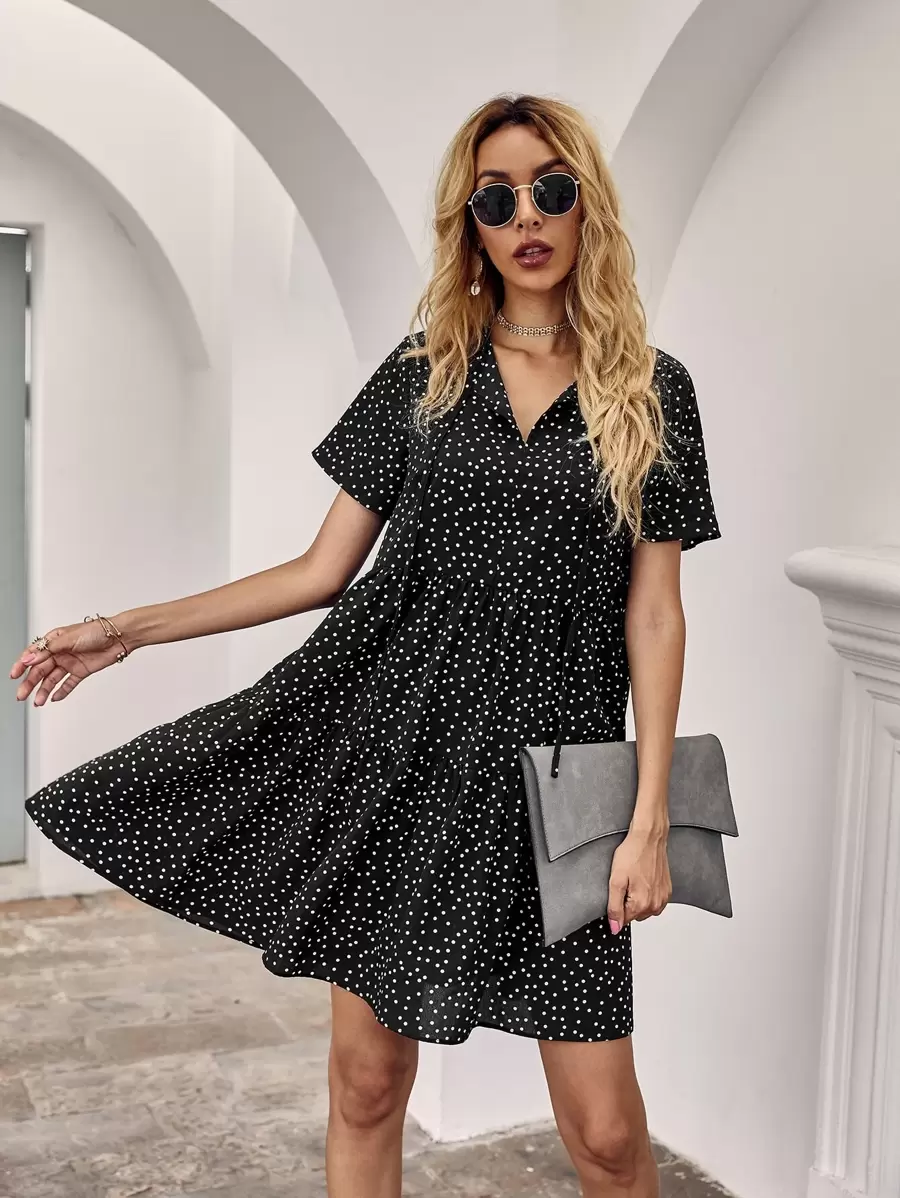 Polka Dot Ruffle Hem Smock Dress - Black - View 1