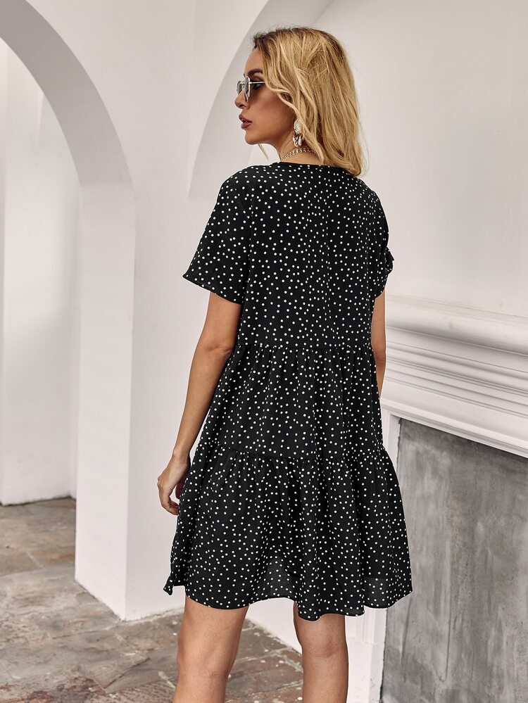 Polka Dot Ruffle Hem Smock Dress - Black - View 2