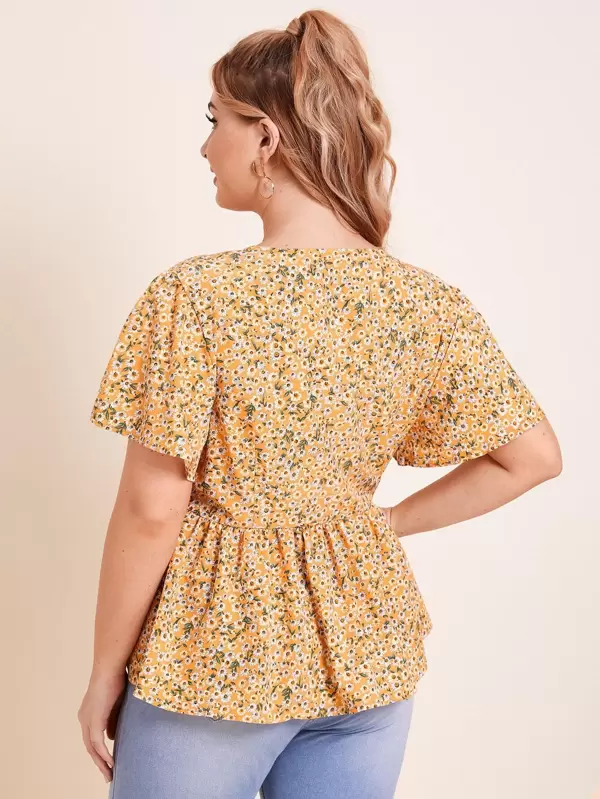 Camisa peplum floral de margarita con cordón delantero Camisa peplum con cordón delantero floral de margarita