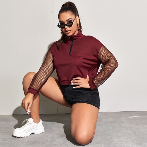 

Plus Half Zip Contrast Fishnet Sleeve Sweatshirt, Burgundy