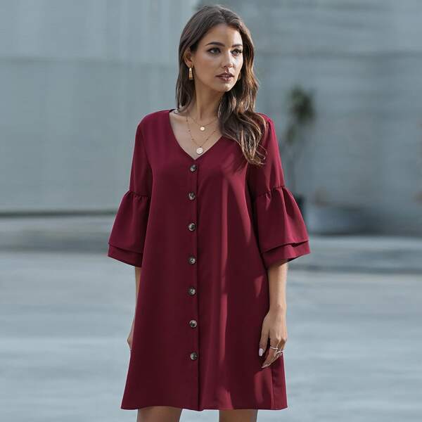 

V-neck Flounce Sleeve Button Front Dress, Burgundy