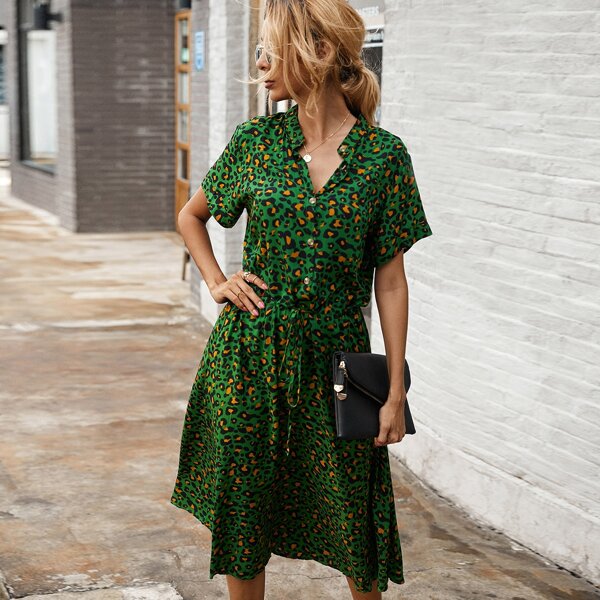 

Платье на кулиске с пуговицами и леопардовым принтом, Многоцветный